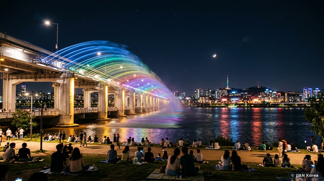 Seoul Night Walking Tour: Banpo Moonlight Rainbow Fountain Show Times, Han River Night Views & Best Photo Spots